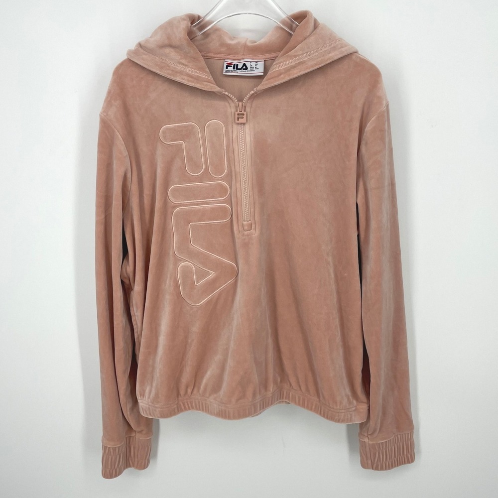 FILA Velour Pullover 1/4 Zip Hoodie Dusty Pink Pockets Medium Y2K